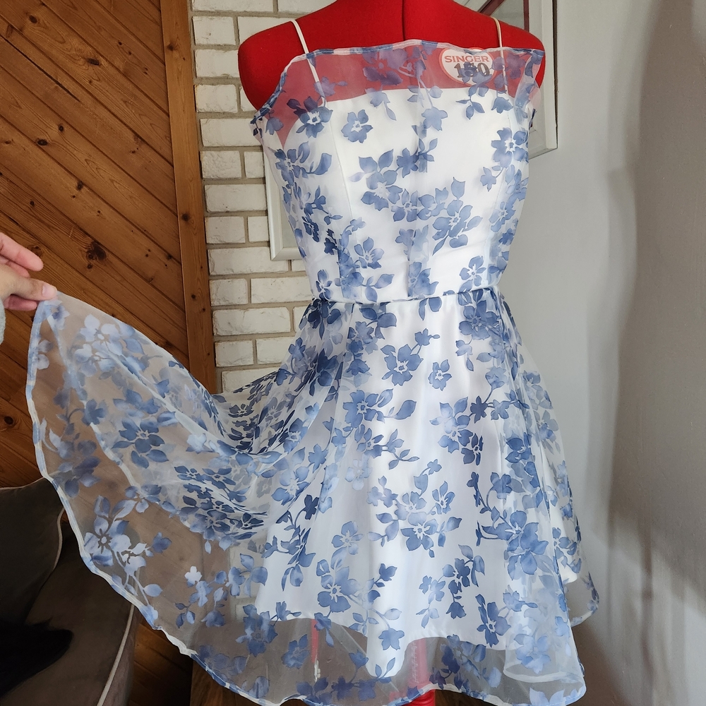 Handmade White Dress with Blue Floral Print - Picture 4 of 5